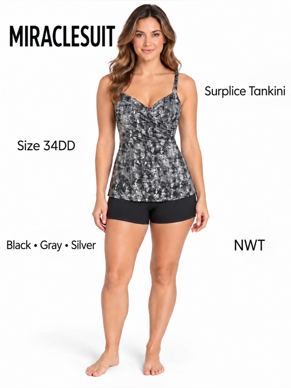 Miraclesuit Surplice Tankini Top snake print 34DD Black Gray Silver NWT